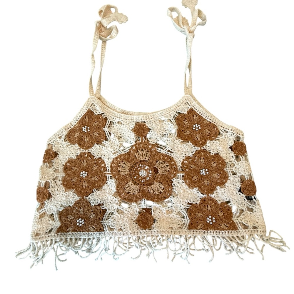 POL Crochet Floral Crop Top in Cream and Brown